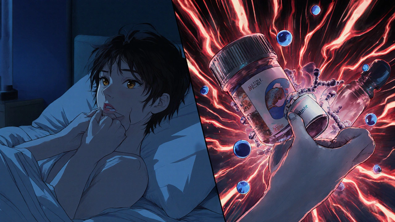 A patient collapsing as drug molecules surge after stopping carbamazepine, night scene with blue and red tones.