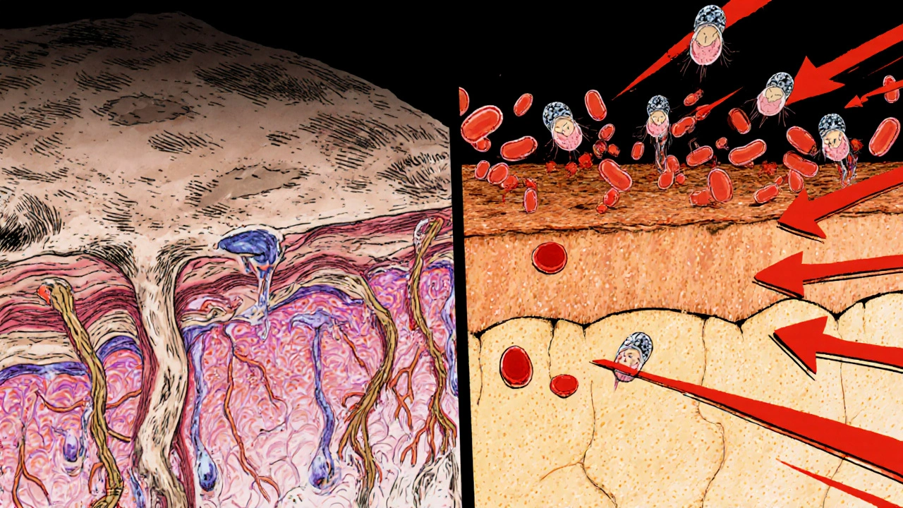 Cross‑section of skin showing reduced collagen and barrier with bacteria during sleep loss.