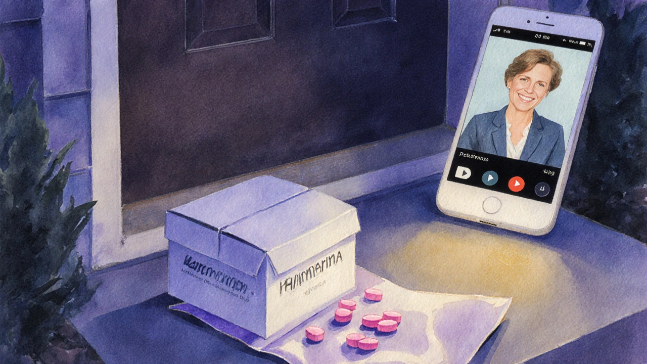 Discreet package on porch reveals pink Premarin tablets with pharmacist video call.