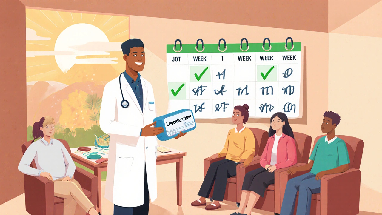 Doctor and diverse patients show clearer skin over an 8‑week calendar flip, indicating trial success.
