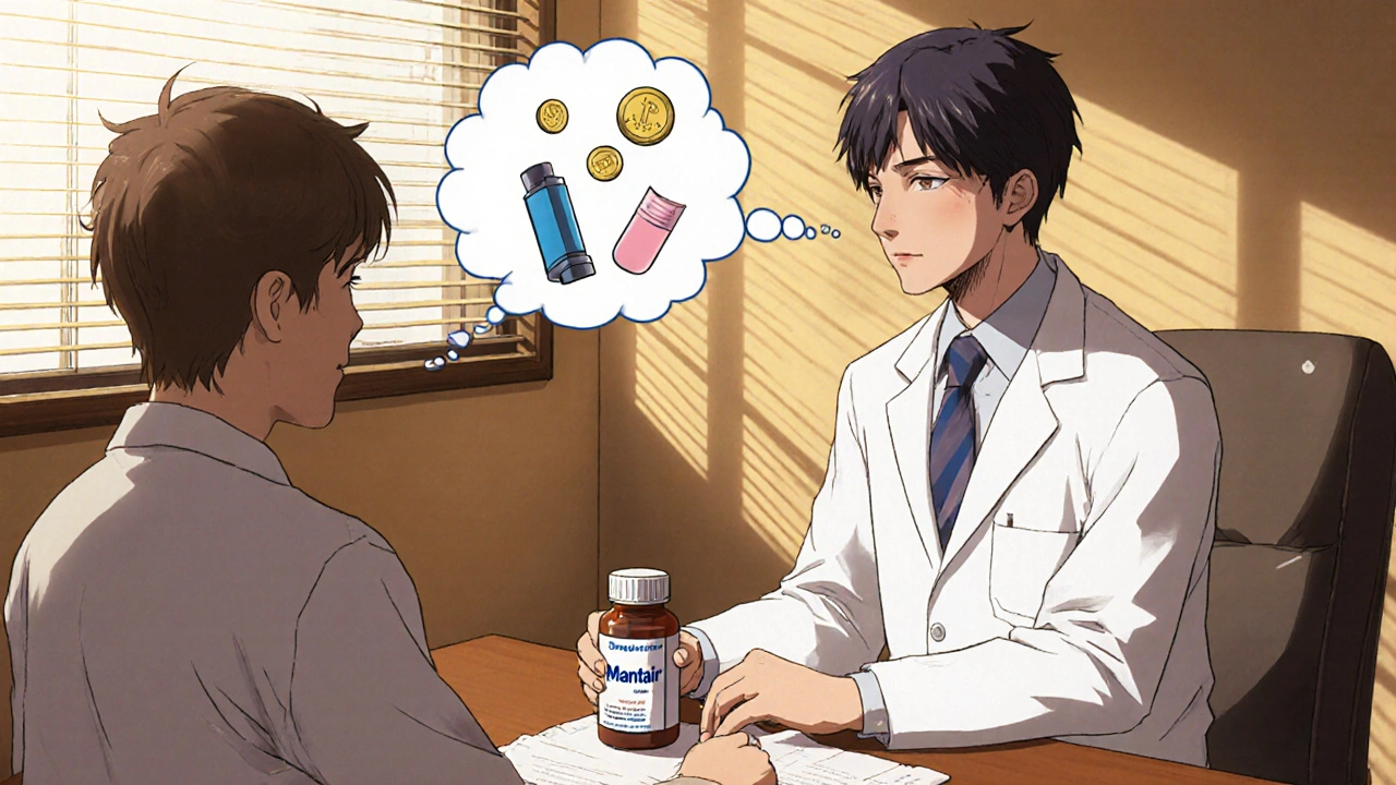 Doctor and patient discussing treatment options, thought bubble shows cost symbols.