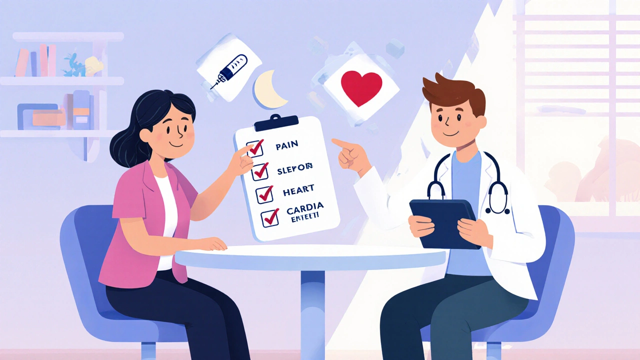 Doctor and patient reviewing a floating checklist of health icons in a bright office.