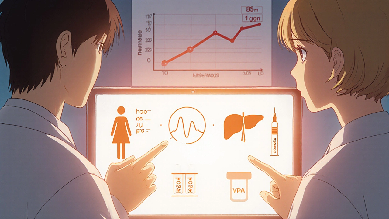 Doctor and psychiatrist reviewing chart of risk factors and blood level for Valproic Acid.