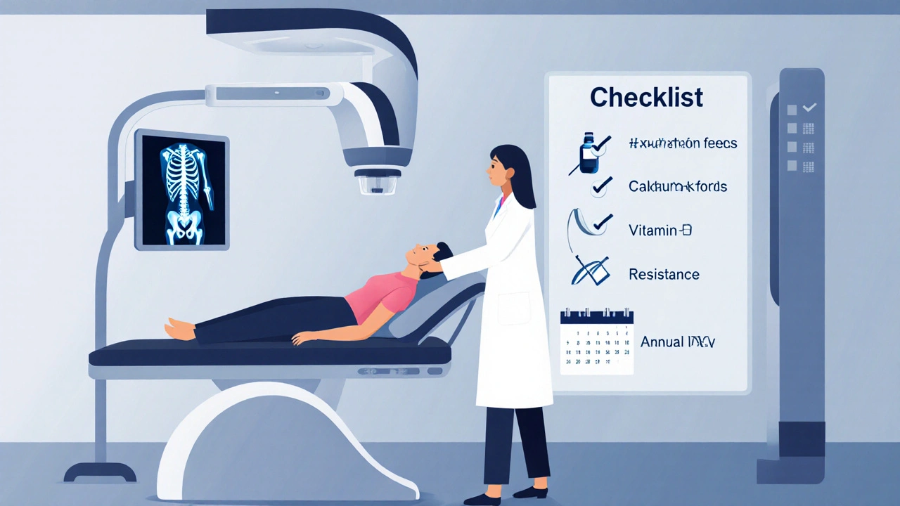 Doctor conducting a bone density scan beside a health checklist.