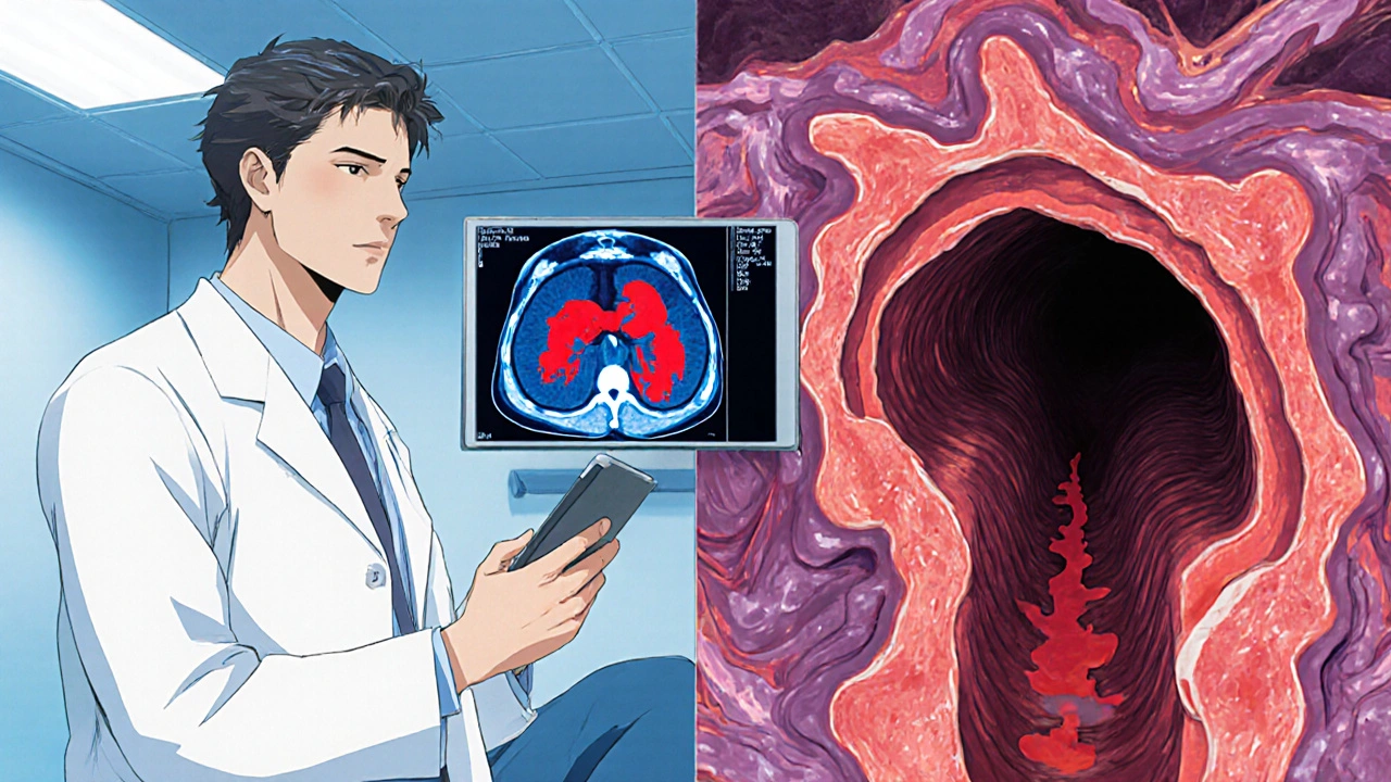 Doctor examining Crohn's patient; MRI shows perianal fistula and internal inflammation view.