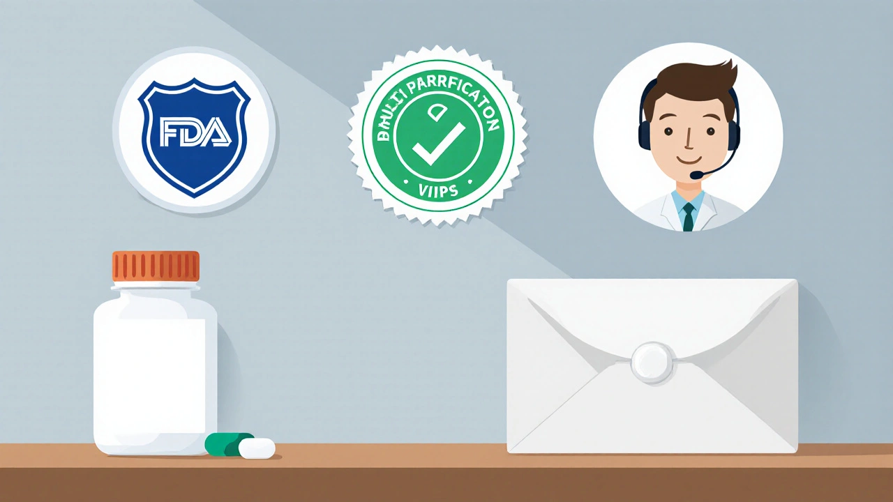 Flat illustration showing FDA shield, VIPPS seal, pharmacist, pill bottle and shipping envelope.