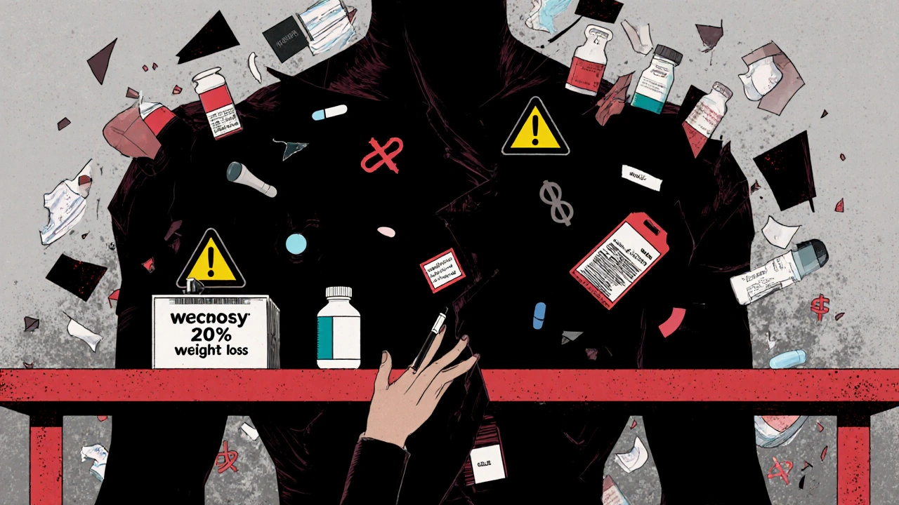 Fragmented figure surrounded by medical symbols, reaching for Wegovy pen.
