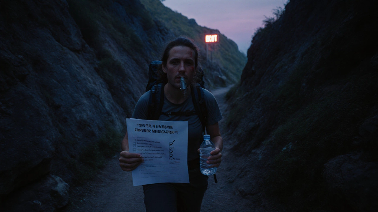 Hiker descending a trail at dusk, holding a checklist and water bottle, breath visible.