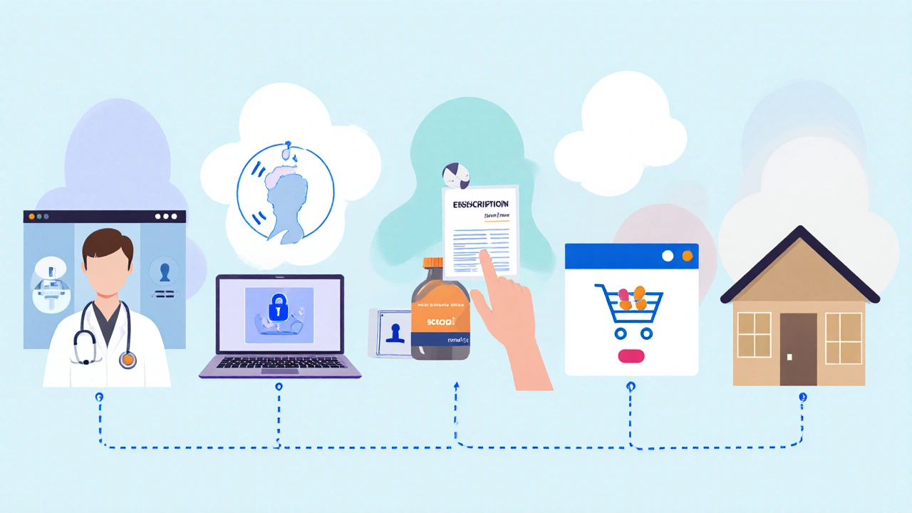 Illustrated steps of ordering generic Cipro online, from prescription to delivery.