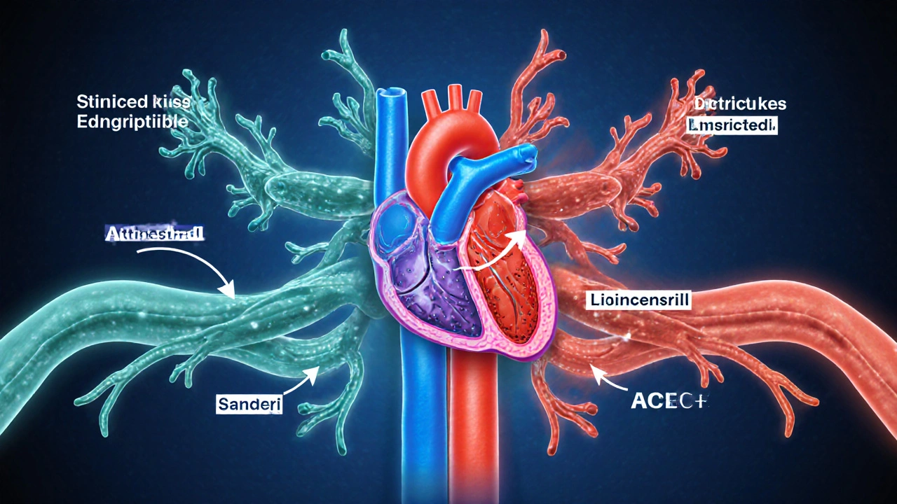 Illustration of arteries dilating when lisinopril blocks ACE, contrasting with normal constriction.