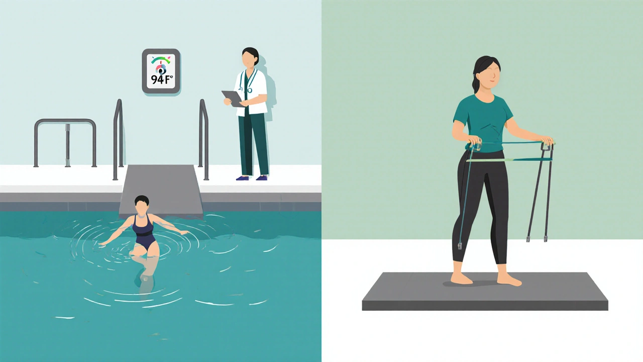 Illustration of safe pool setup with ramp and therapist beside land balance exercises.