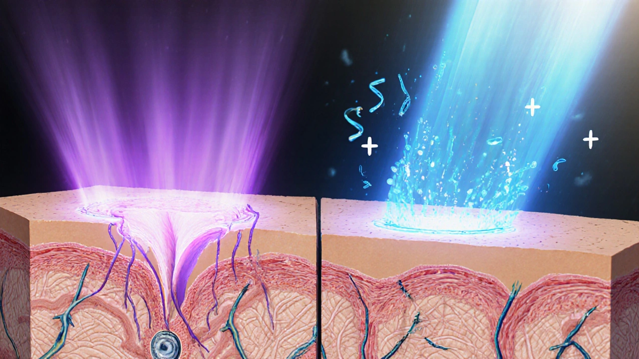 Illustration of UVA rays reaching deep skin layers and UVB rays affecting the surface.