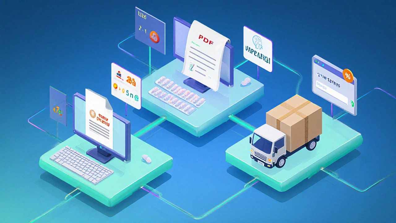 Isometric 3D workflow of uploading prescription, selecting dosage, applying discount, and shipping.