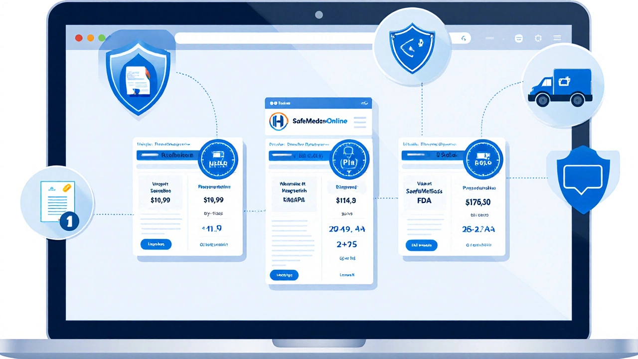 Laptop shows three verified pharmacy sites with prices and shipping icons.