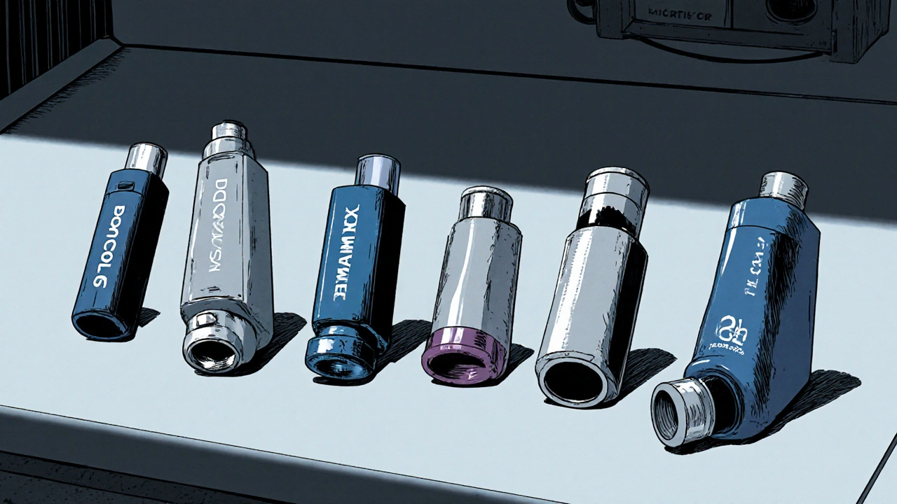 Lineup of different asthma inhalers and a nebulizer on a clinic table.
