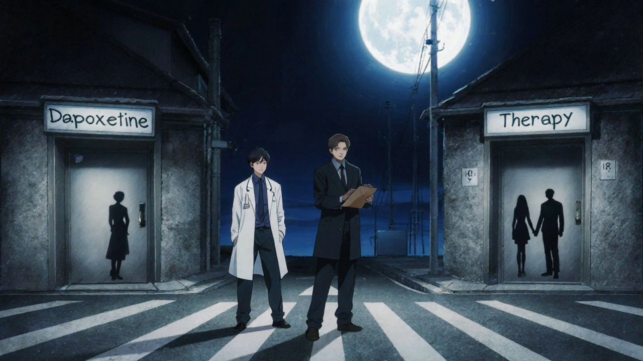 Man at a moonlit crossroads choosing between Dapoxetine and therapy, guided by a doctor.