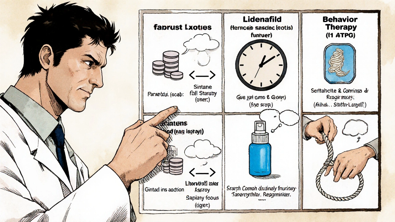 Manga split panel comparing PE treatments with icons and brief notes.