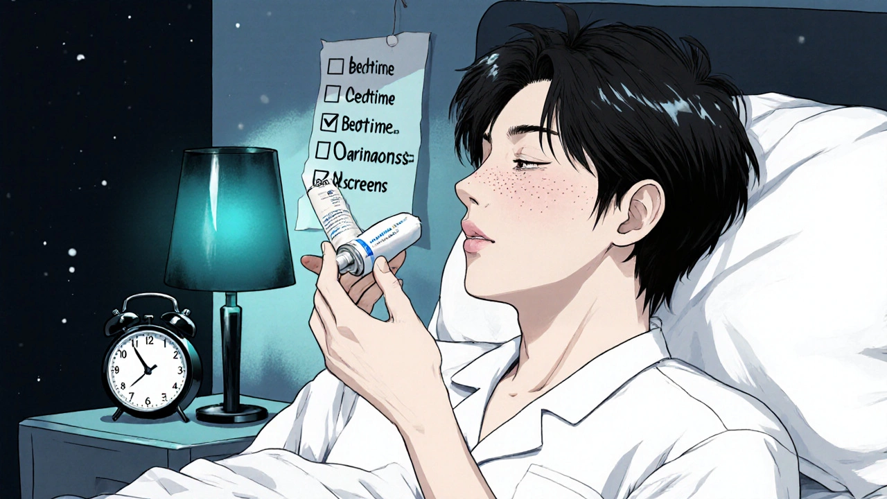 Night‑shift worker applying moisturizer before sleep, with calming bedroom lighting.
