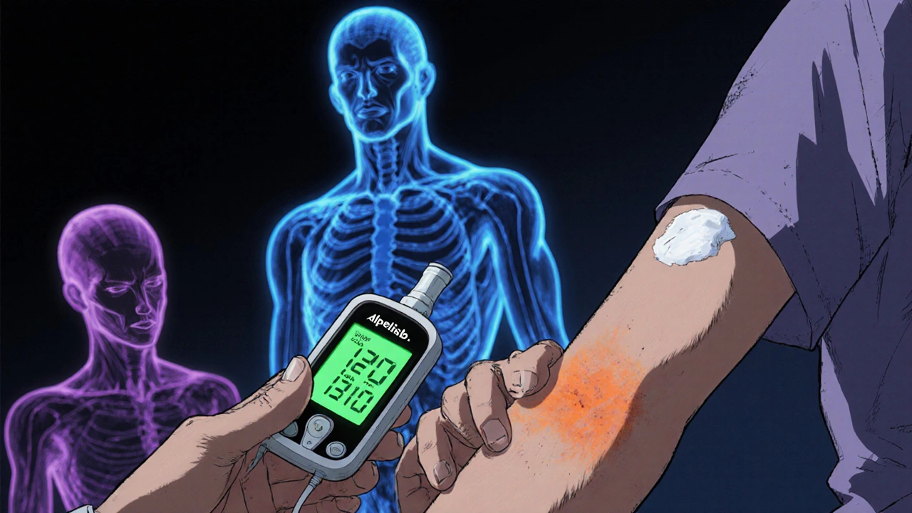 Nurse checks glucose and treats rash on patient, with symbolic drug icons in the background.