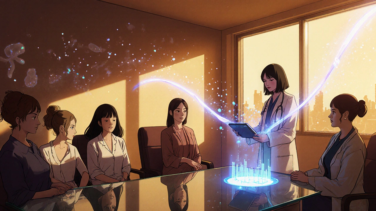 Oncologist discusses trial results with diverse female patients in a hopeful clinic setting.