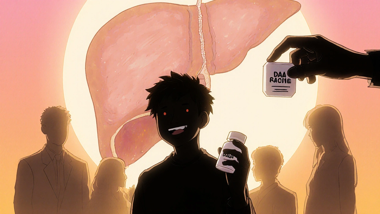 Patient holding DAA pills, sunrise behind a smoother liver, supportive group silhouettes, hopeful atmosphere.