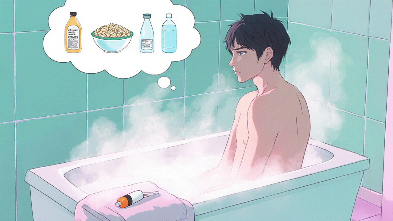 Patient in a sitz bath, applying barrier cream, with diet and probiotic icons nearby.