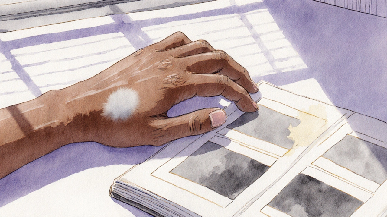 Patient touching a flattened keloid with visible lightening, holding a photo journal.