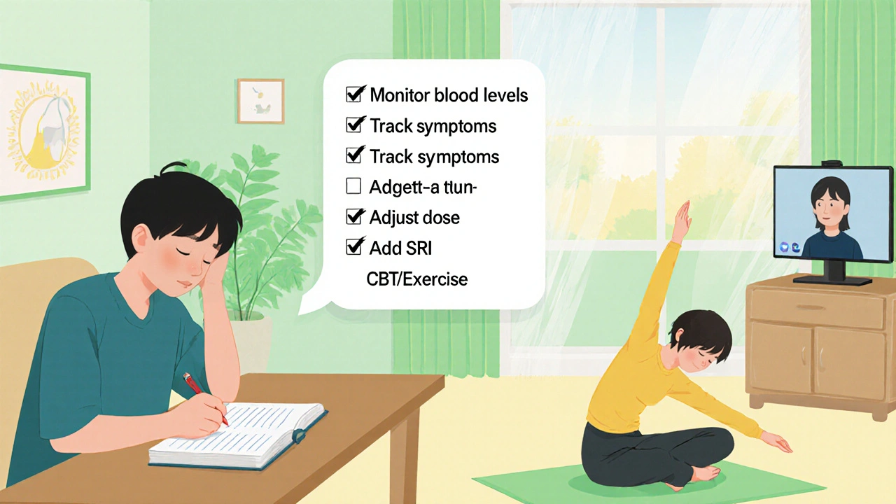 Patient writing in mood diary, doing yoga, and checking a treatment checklist.
