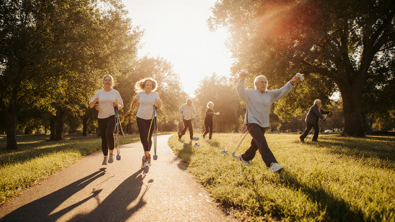 People performing weight‑bearing and resistance exercises outdoors.