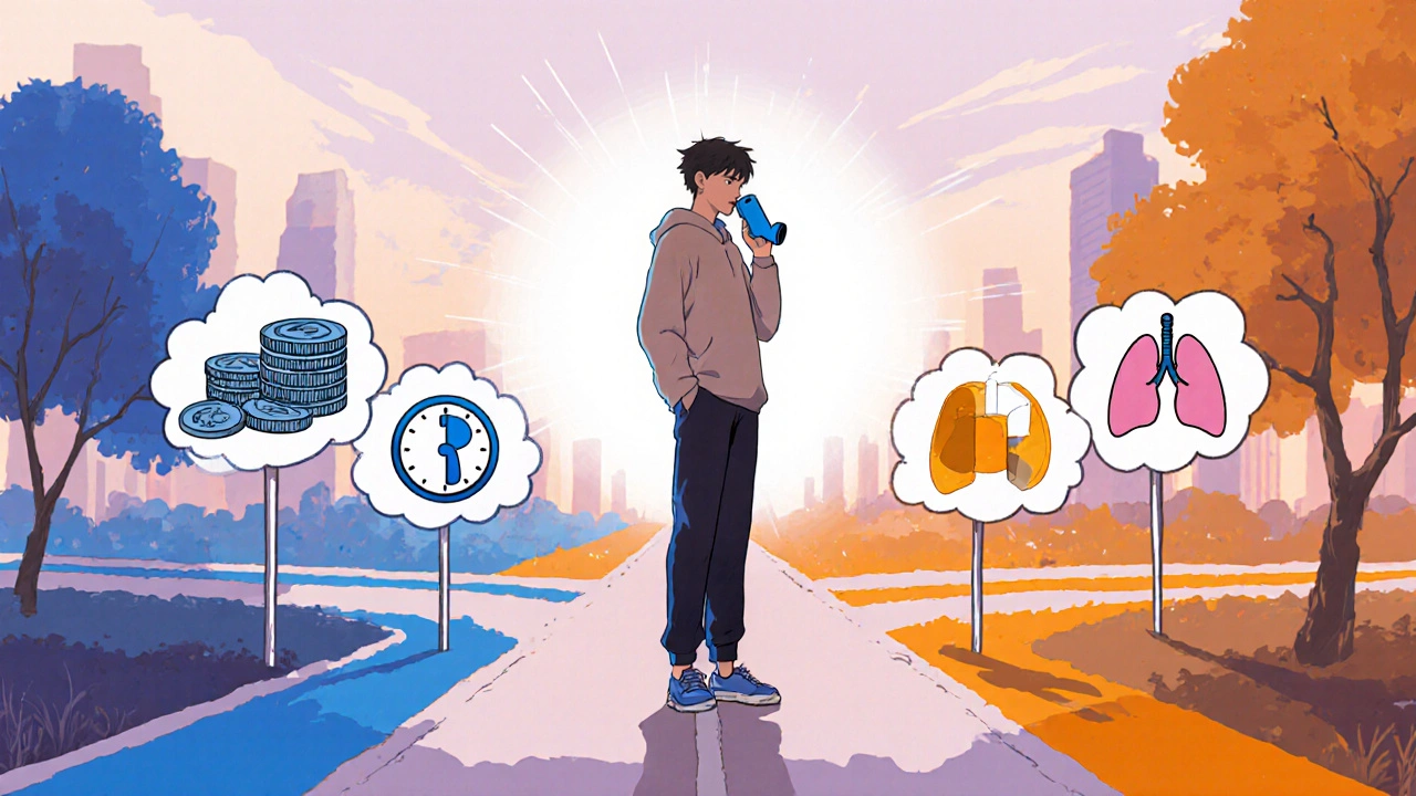 Person at a crossroads with icons representing inhaler choices.