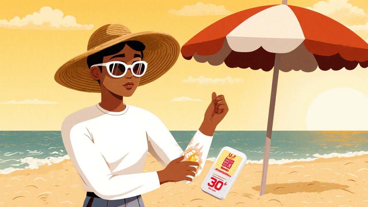 Person at beach wearing protective gear and applying sunscreen under bright sun.