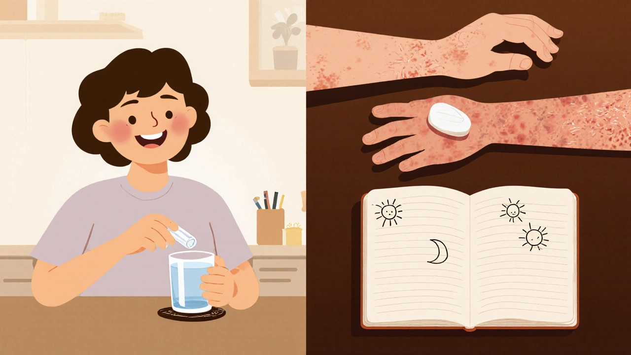 Person takes a tablet, moisturizes skin, and notes symptoms in a diary during a calm day‑night routine.