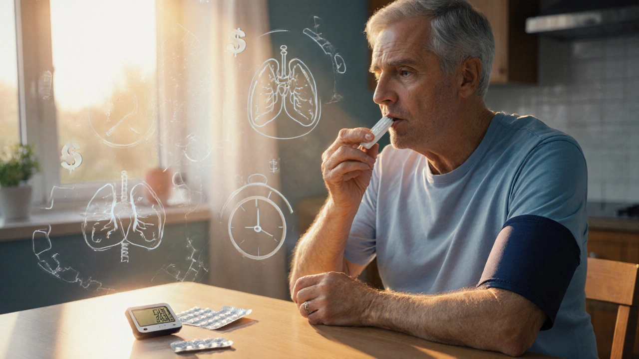 Person taking a pill at breakfast, sunlight and a normal blood pressure reading suggest relief.