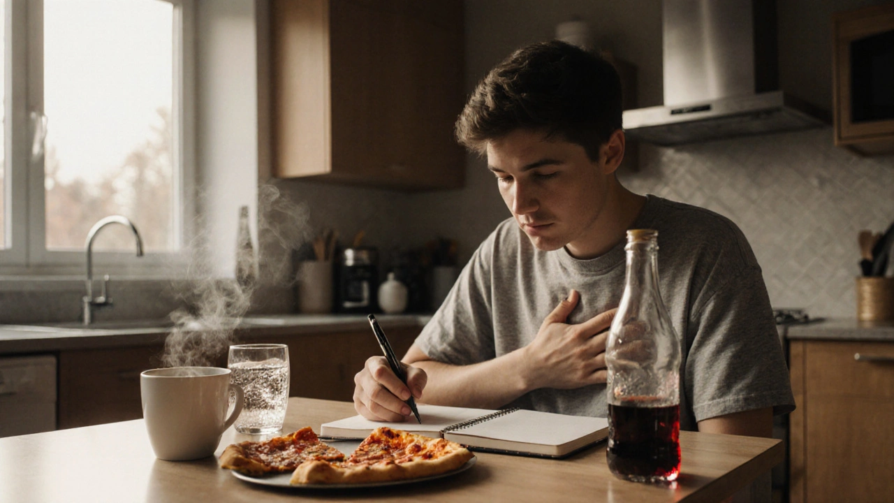Person writing a symptom diary surrounded by pizza, coffee, soda, and wine.