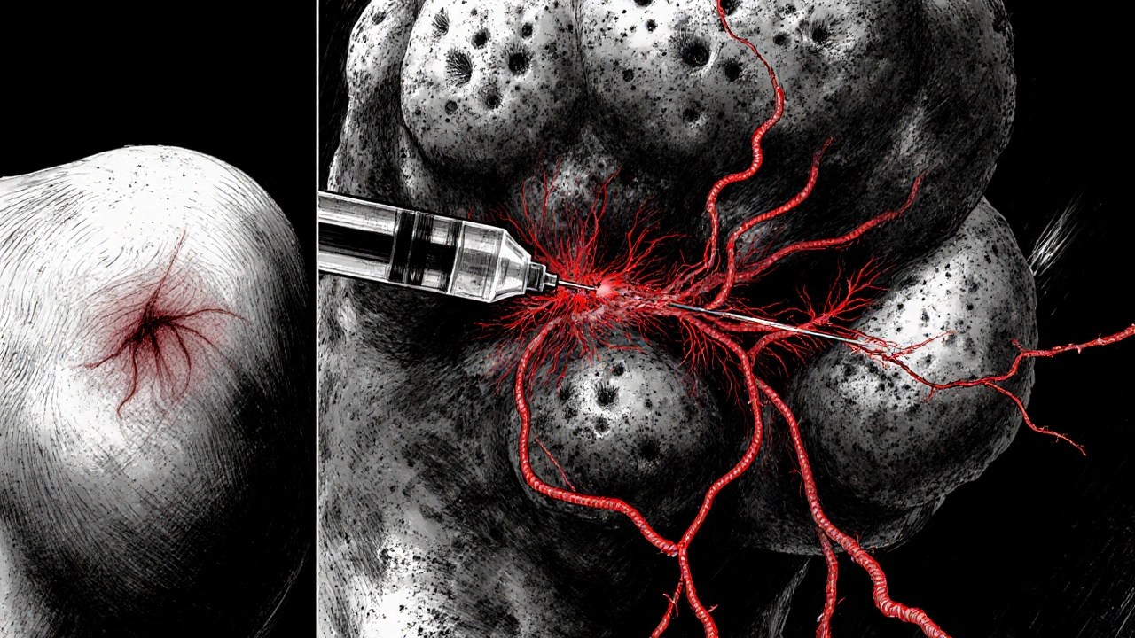 Progression of a keloid growing over five years with a syringe piercing it.
