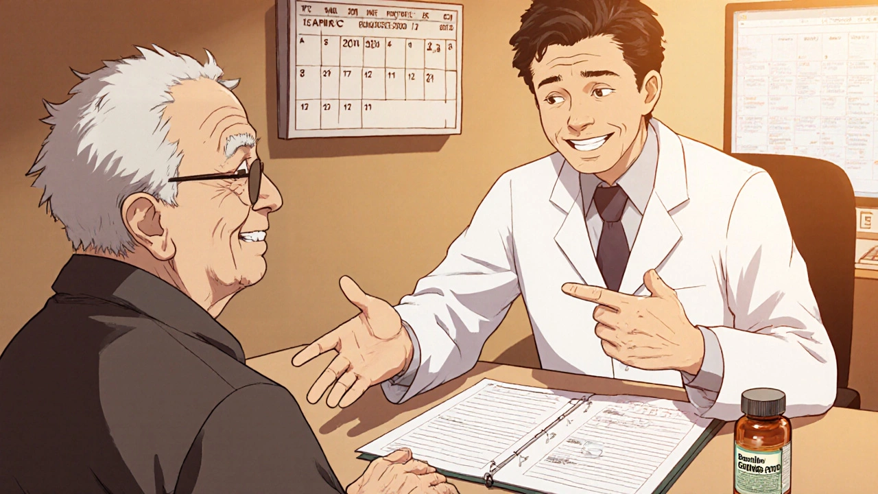 Rheumatologist discussing Baricitinib with patient, showing chart and hopeful expression.