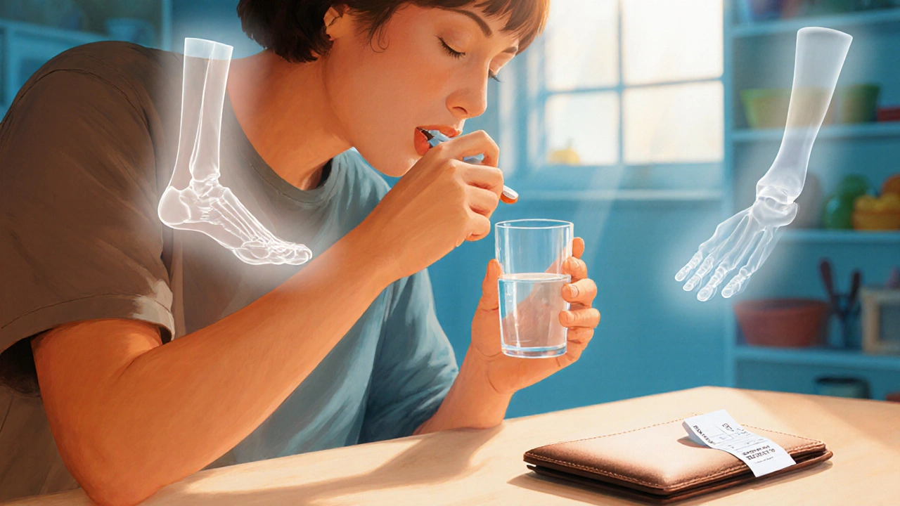 Someone taking a Cipro tablet with water, highlighted tendon and sun sensitivity warnings.
