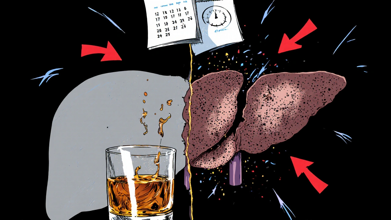 Split view of healthy vs. scarred liver, whiskey spilling onto fibrosis, calendar showing rapid progression.