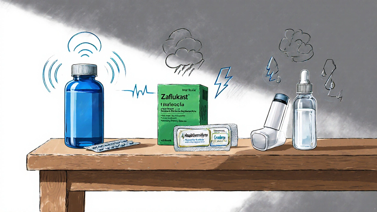Three asthma medicines on a table with visual cues for side effects.