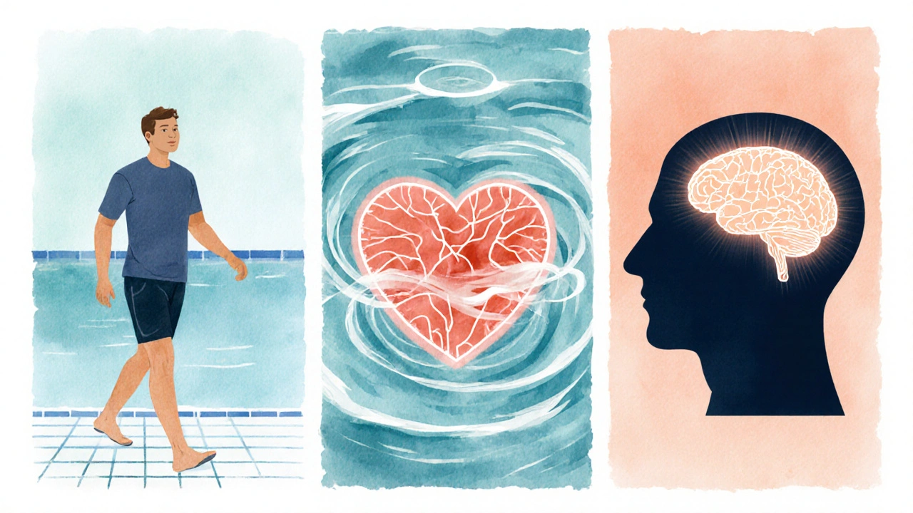 Watercolor panels showing improved walking, heart health, and brain neuroplasticity in water therapy.