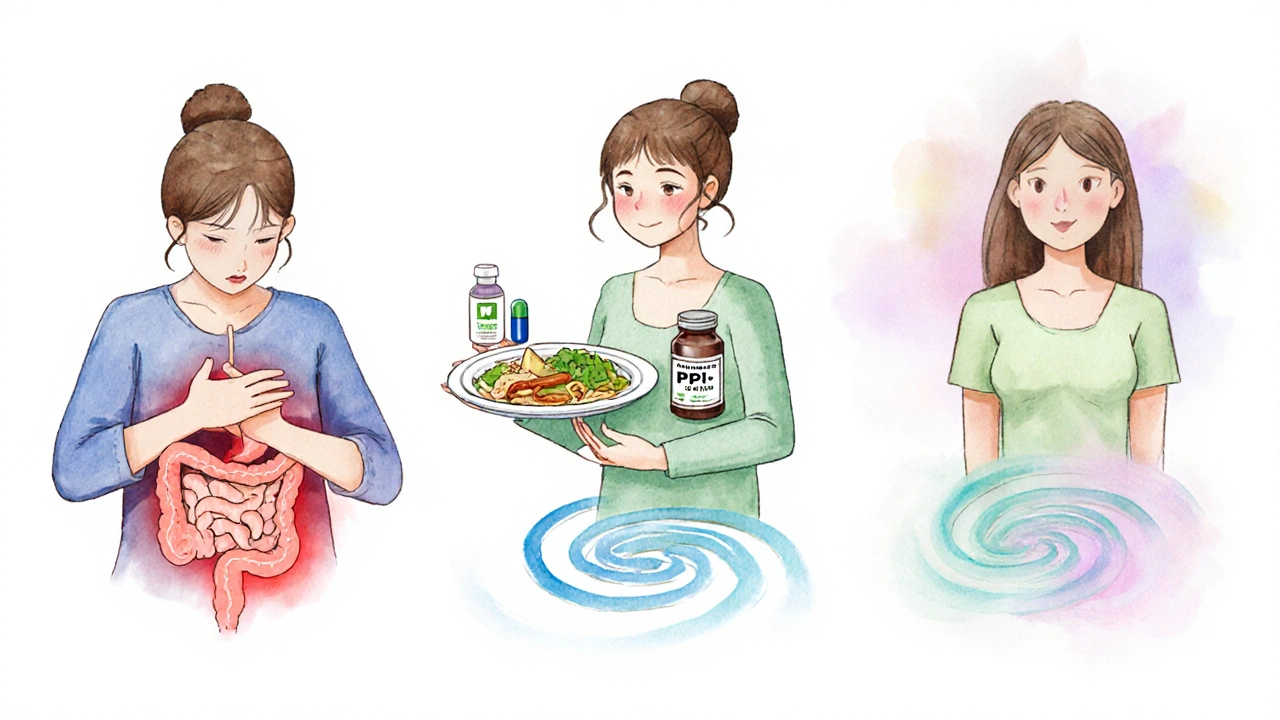 Watercolor timeline showing a woman's symptoms improving after diet and meds.