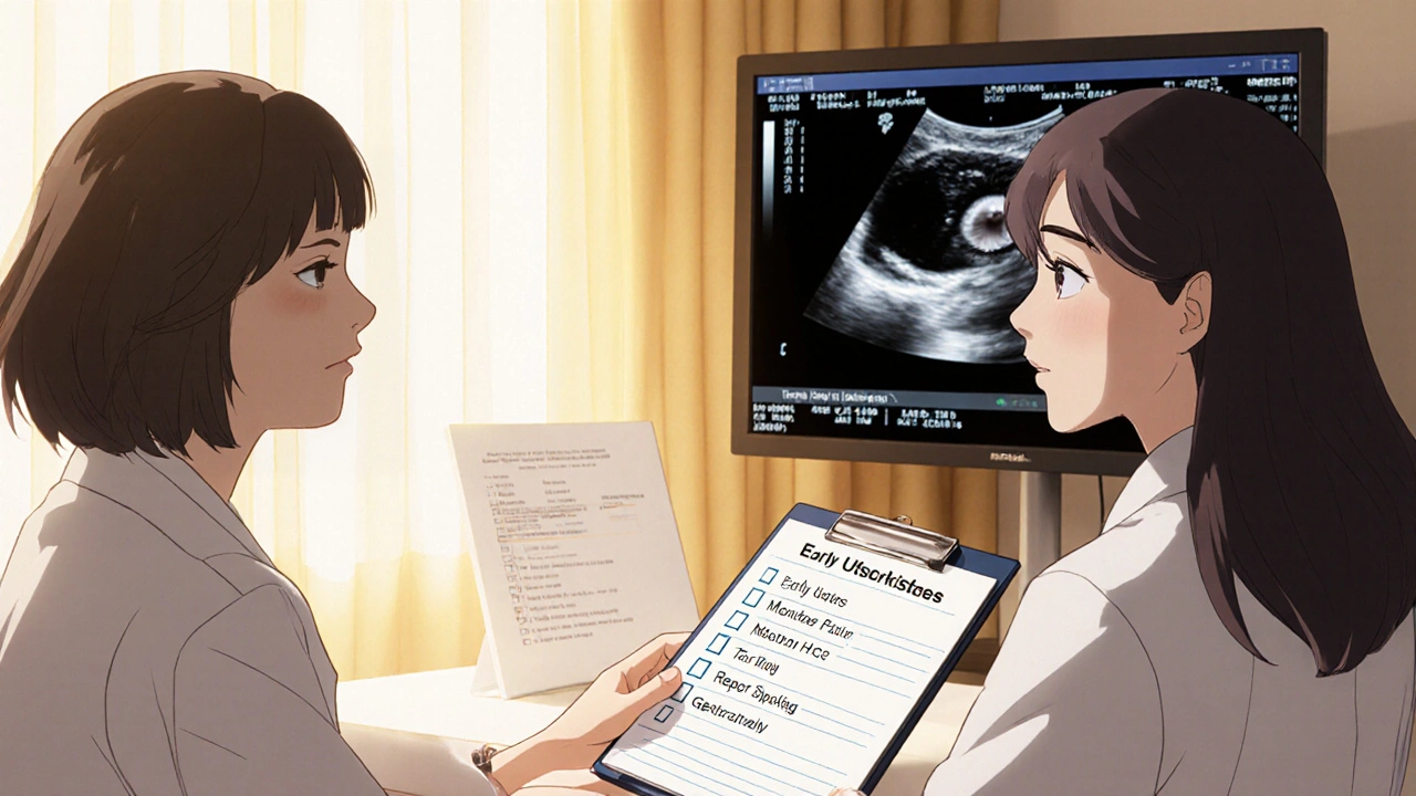 Woman and doctor reviewing a checklist and ultrasound showing a healthy intrauterine pregnancy.