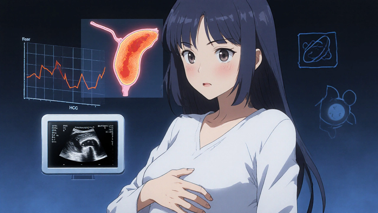 Woman clutching lower abdomen with highlighted ectopic tube, stalled HCG graph, and empty uterus ultrasound.