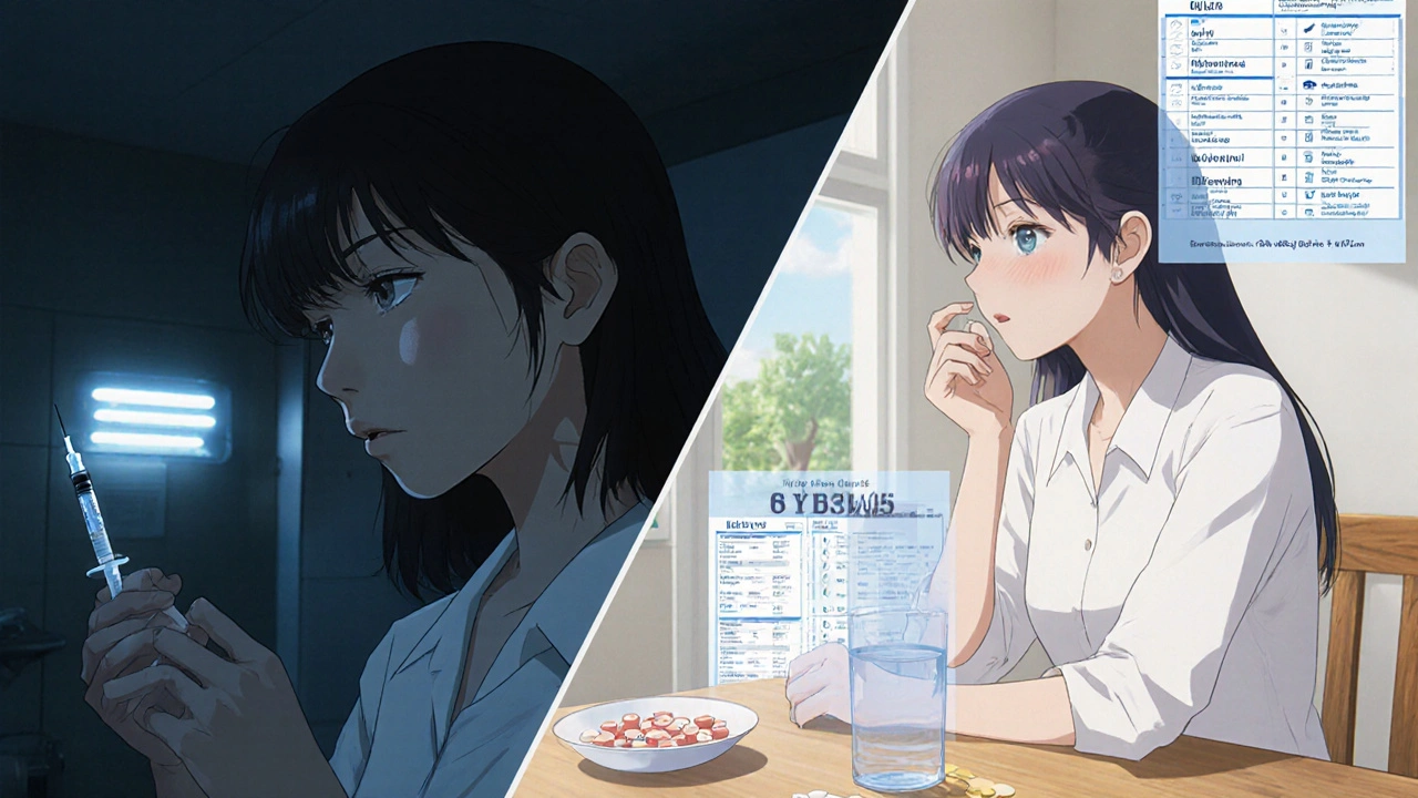 Woman comparing Ozempic injection with Rybelsus pill, side-by-side scenes.