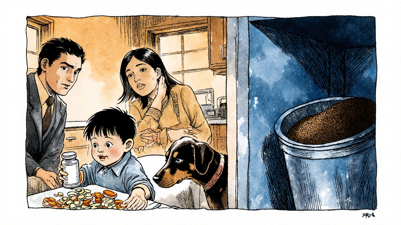 A child holds an unlabeled pill bottle at the dinner table while parents react in horror, a dog sniffs nearby trash with pills.