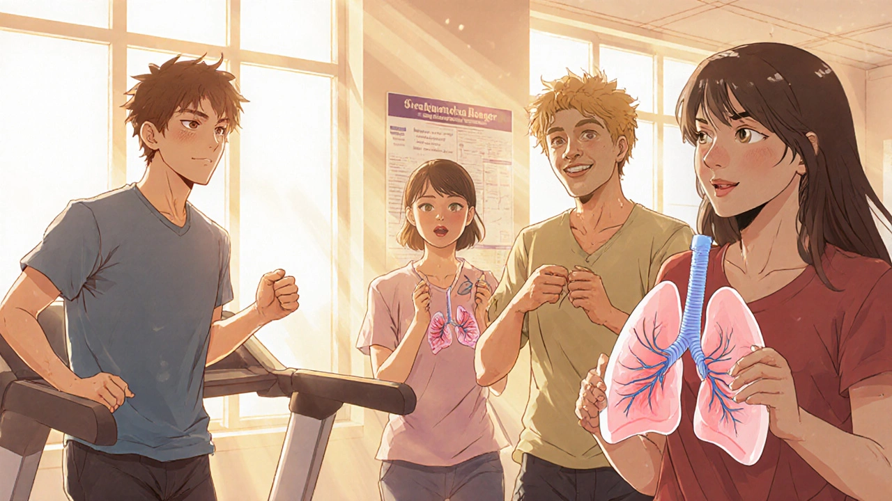 A group of former smokers exercises in pulmonary rehab, sunlight streaming in, faces showing effort and hope.