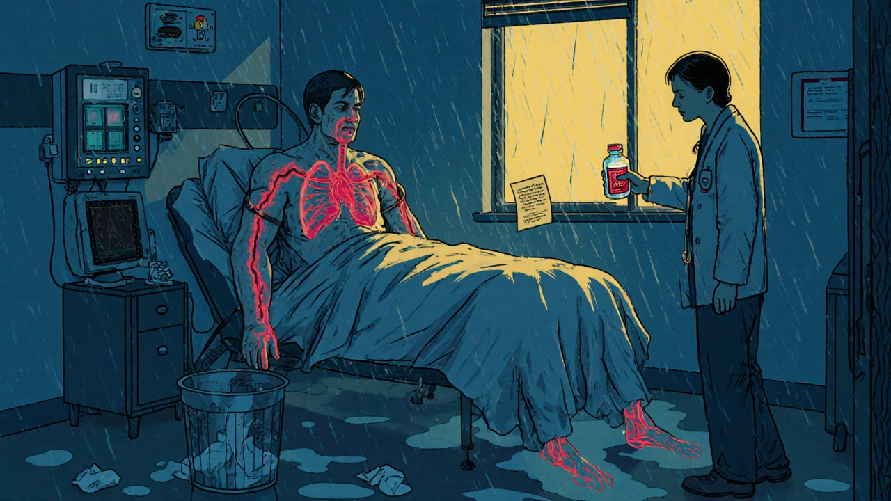 A heart failure patient struggles to breathe as NSAIDs damage kidneys in a hospital room.