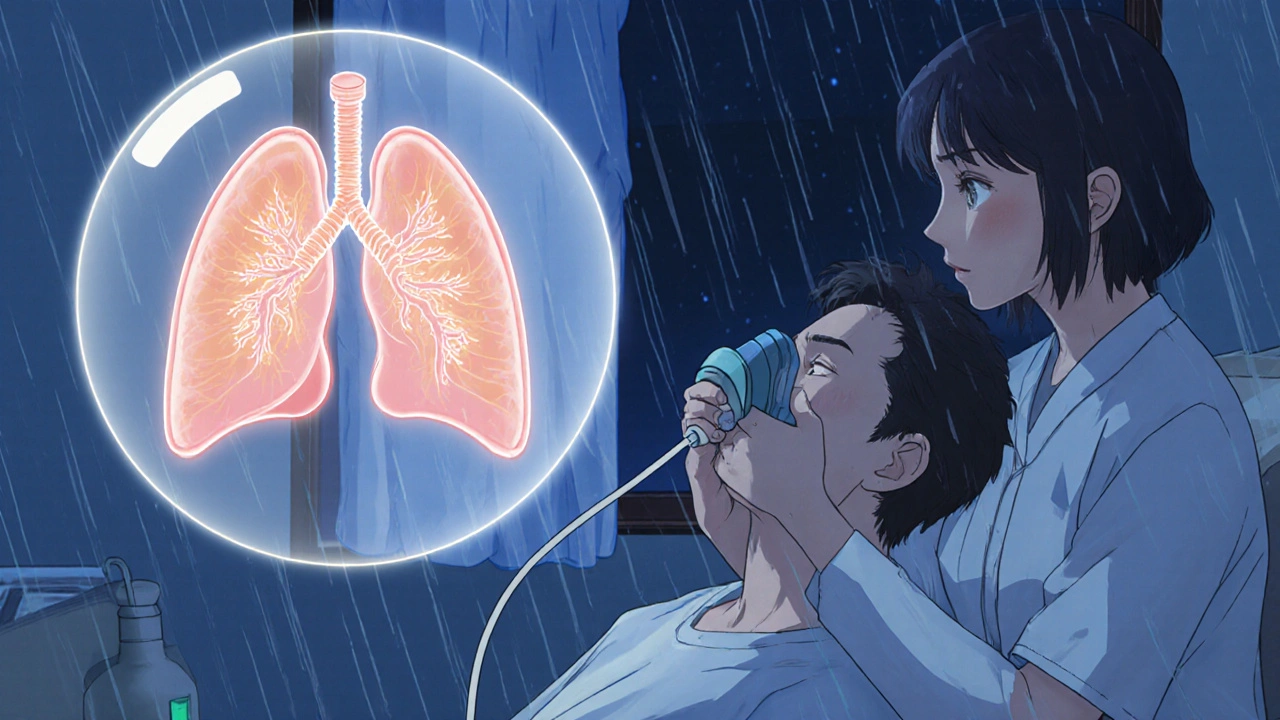 A patient uses an oxygen mask while a nurse teaches proper inhaler technique, glowing bronchial diagram beside them.