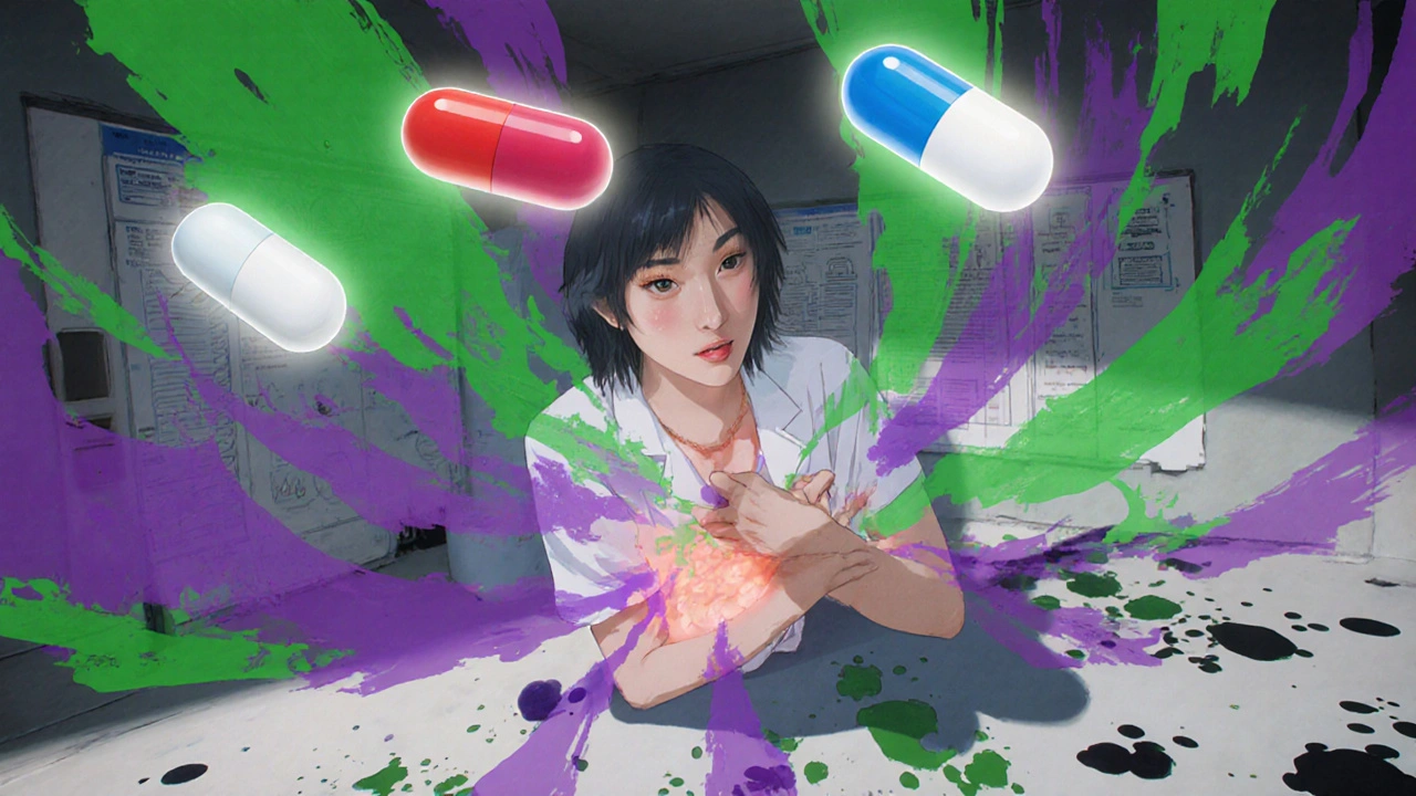 A person clutching their stomach as nausea distorts the room, with three colored anti-nausea pills floating above them in a surreal medical environment.