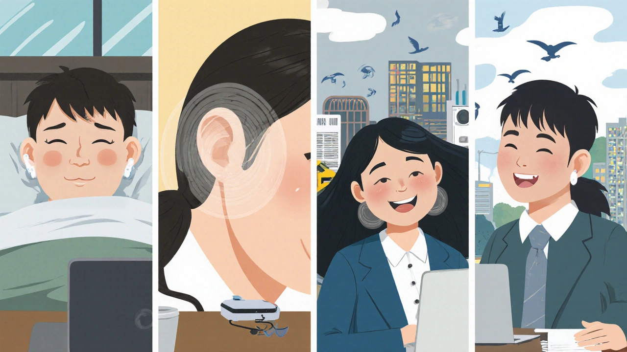 A person living calmly through daily activities as tinnitus rings gradually fade into ambient sound.